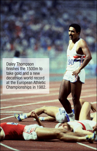  Daley Thompson finishes the 1500m to take gold and a new decathlon world record at the European Athletic Championships in 1982.