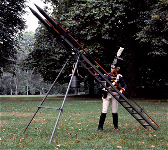  Frame for launching rockets designed by William Congreve. Notice the long stick, which made these rockets fly straighter than previous designs