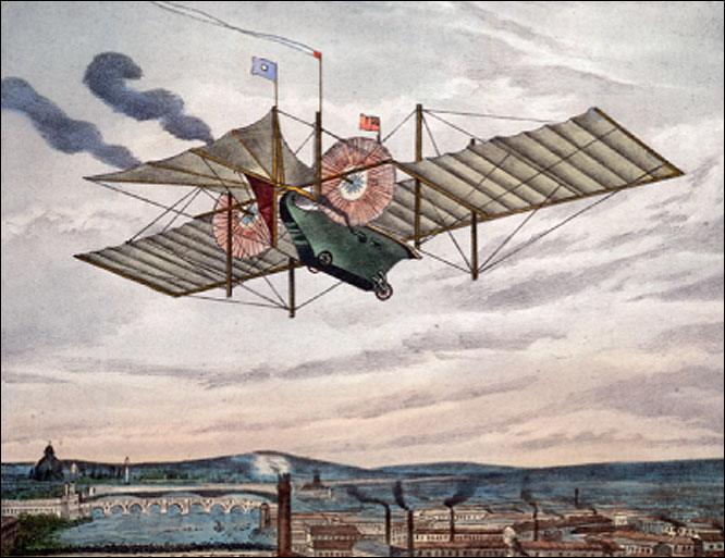  Fictitious view of Henson’s Aerial Steam Carriage, from 1843. William Henson (1812–1888) patented this machine, but it never flew – the steam engine would have been too heavy.