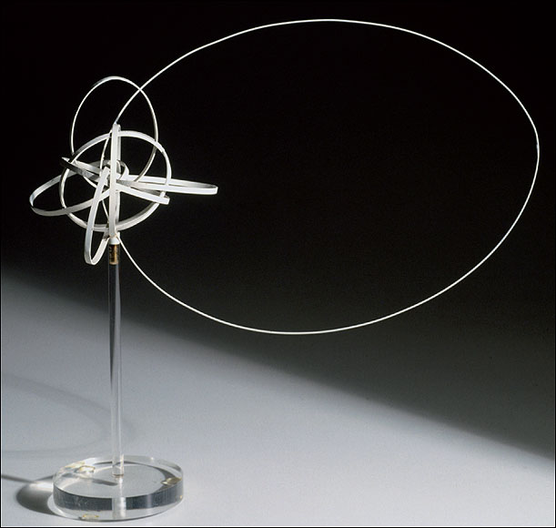  A model of a sodium atom according to the ideas of Niels Bohr. The hoops represent the definite orbits of electrons around a central nucleus (not shown).