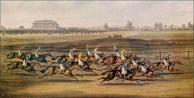  The St Leger Race, 1836. The St Leger is run over 1 mile 6 furlongs and 132 yards (2,937 metres) at Doncaster