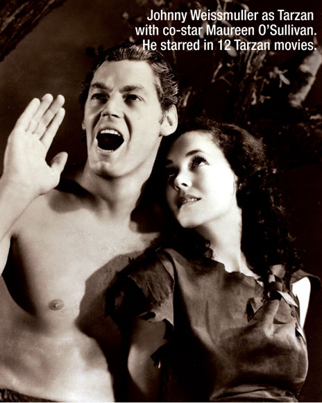  Johnny Weissmuller as Tarzan with co-star Maureen O¿Sullivan. He starred in 12 Tarzan movies.