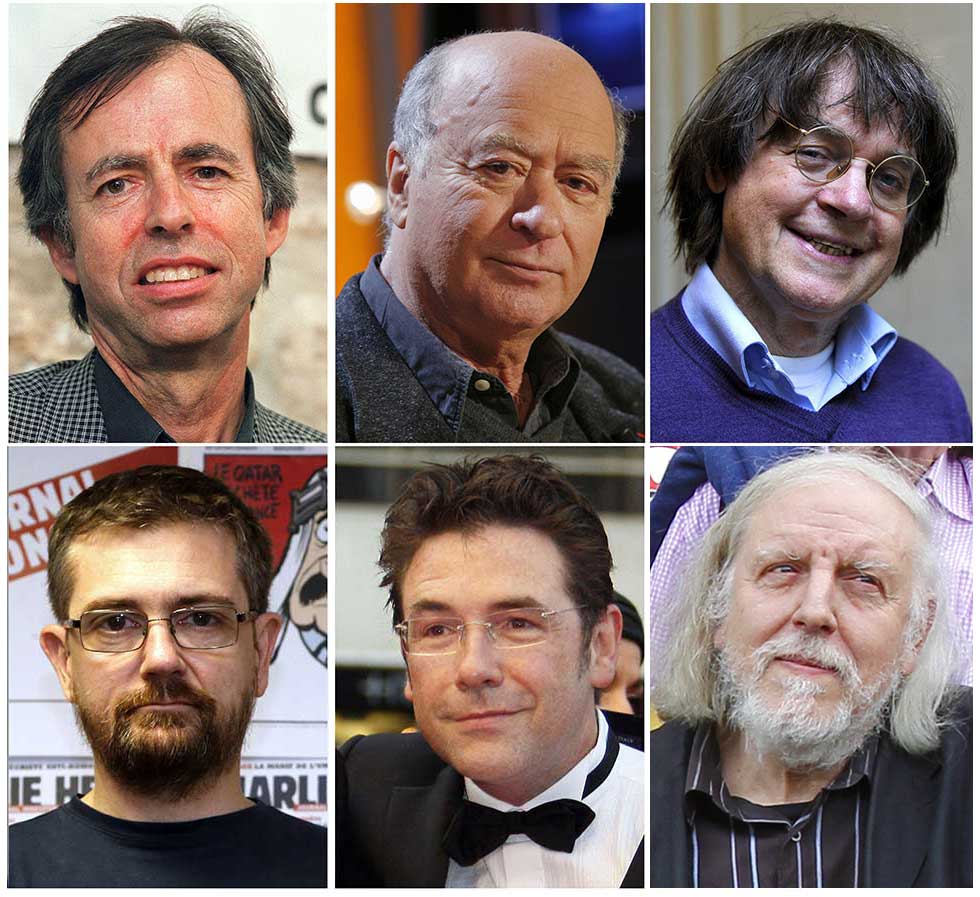 A combination of file photos made on January 7, 2015 shows (from L) French satirical weekly Charlie Hebdo's deputy chief editor Bernard Maris and cartoonists Georges Wolinski, Jean Cabut, aka Cabu, Charb and Tignous. At least 12 people were killed, including cartoonists Charb, WolinsKi, Cabu and Tignous and deputy chief editor Bernard Maris when gunmen armed with Kalashnikovs and a rocket-launcher opened fire in the Paris offices of French satirical weekly Charlie Hebdo on January 7, 2015 and Philippe Honore