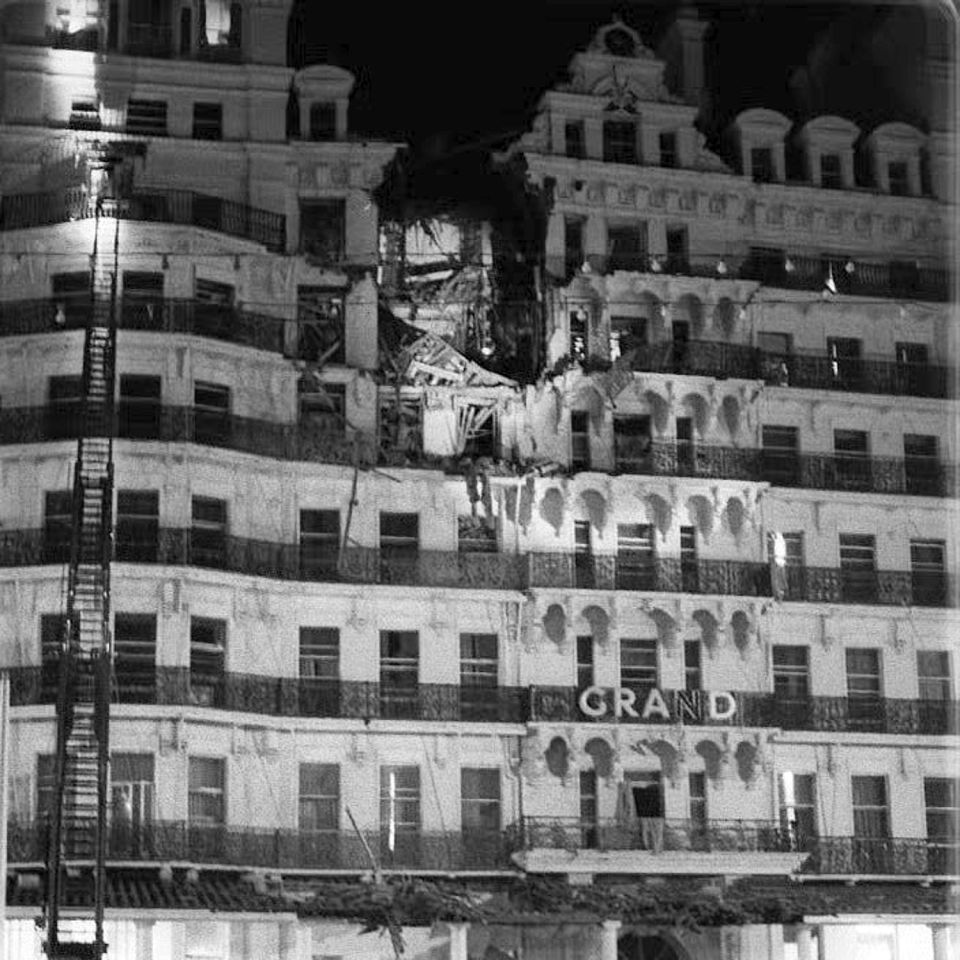  The damaged upper floors of the Grand Hotel Brighton, after an IRA bomb during a Tory Party conference