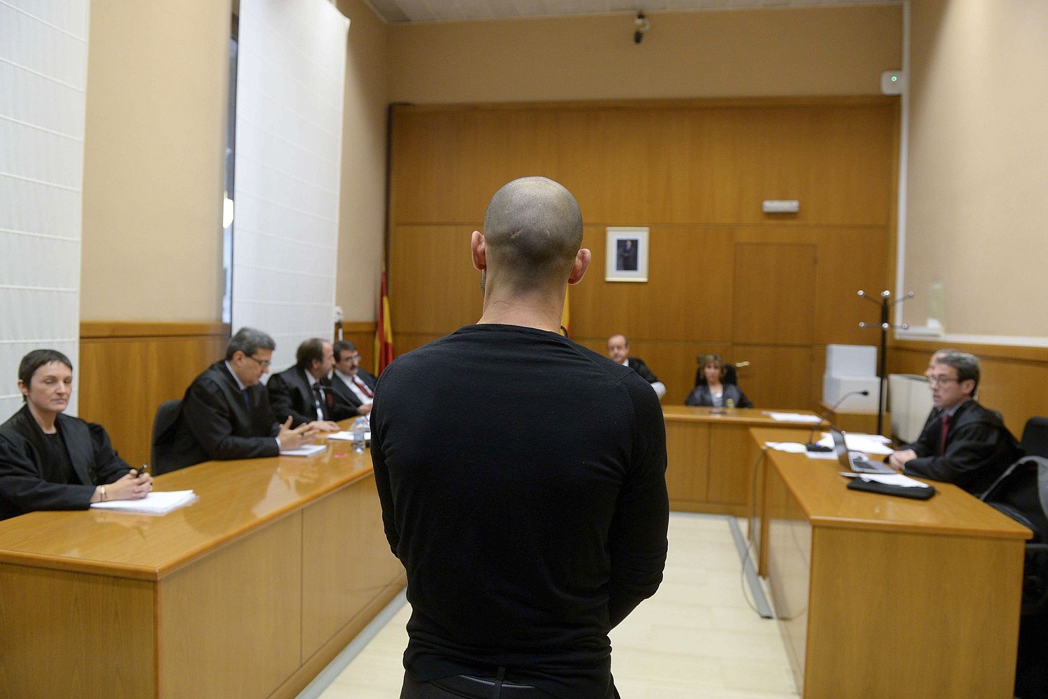 Javier Mascherano stands before the judge as he awaits his sentencing