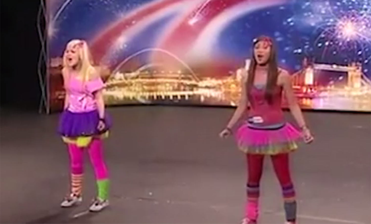 The duo Harmony, featuring a teenage Megan McKenna, auditioning for Britain's Got Talent.