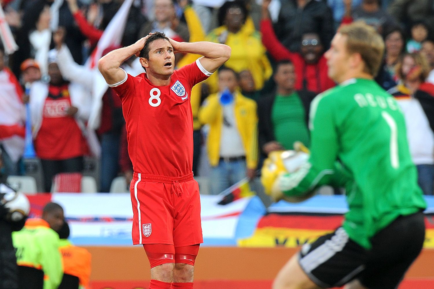 Frank Lampard looks on in shock as his goal is not given