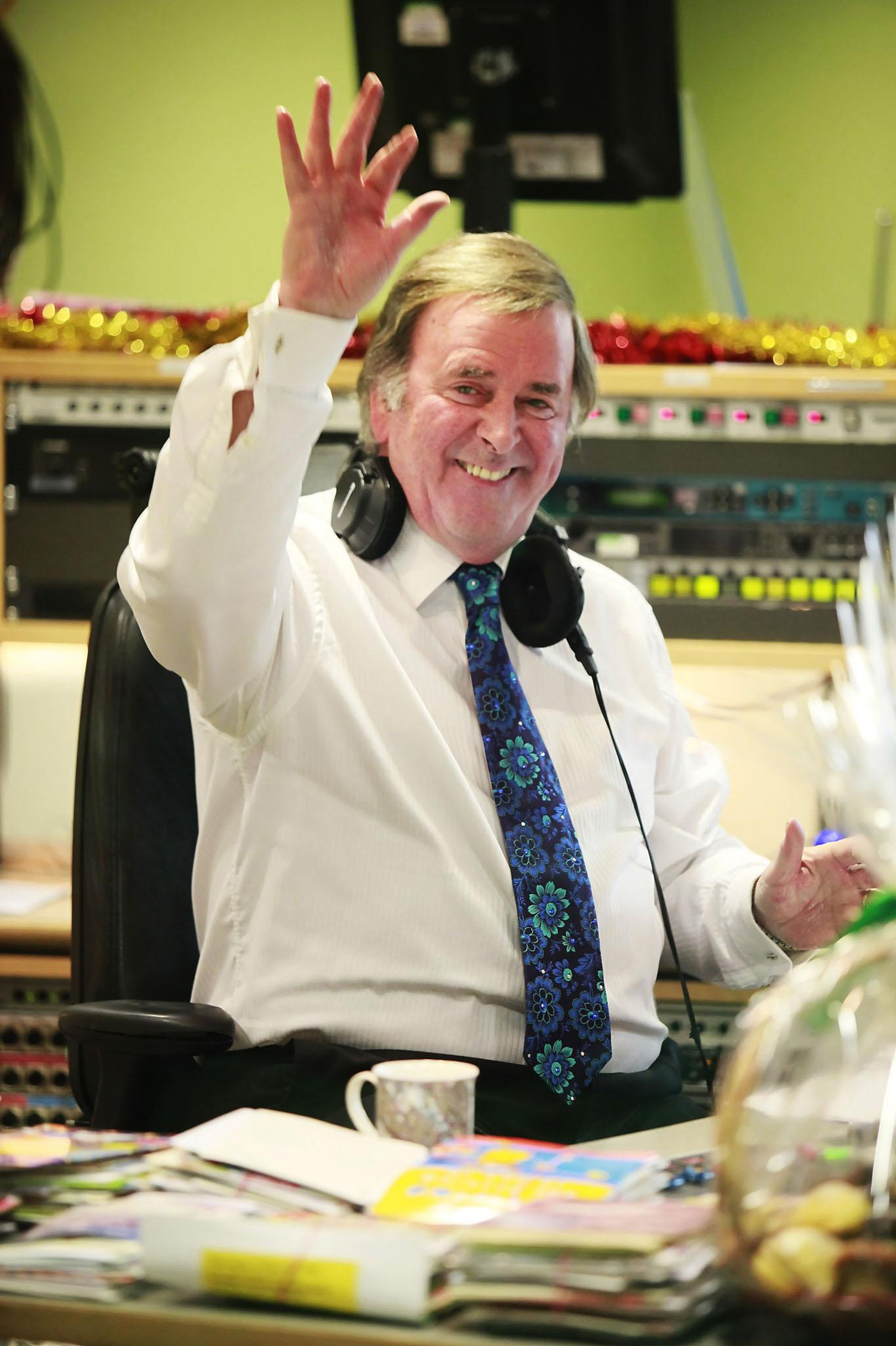 Sir Terry Wogan in the BBC studio in central London during his final breakfast show on Radio 2.