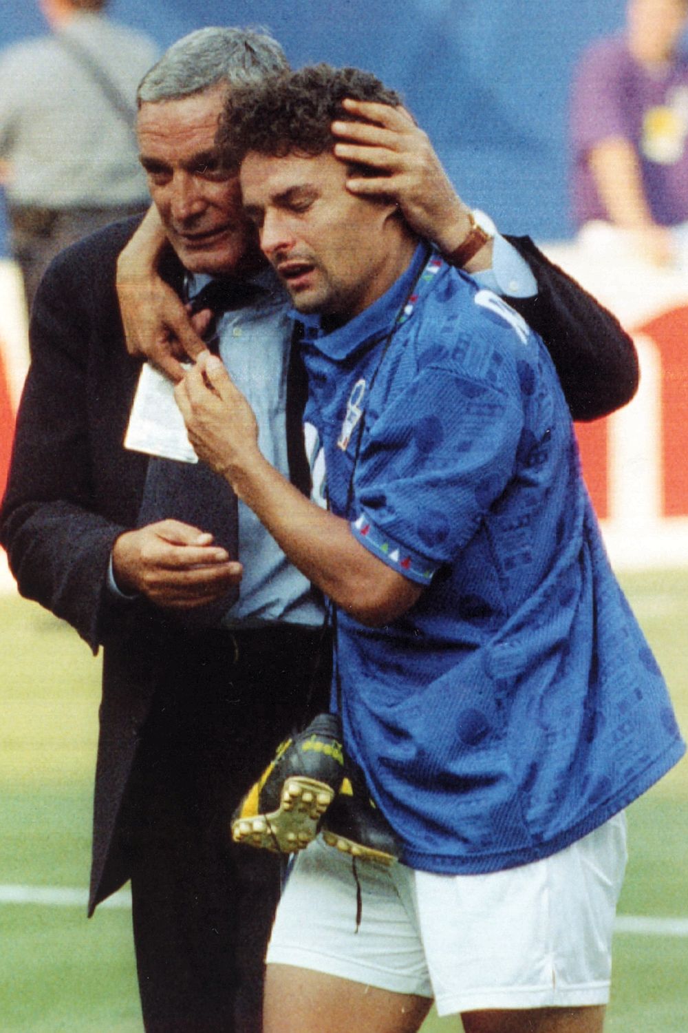 An emotional Roberto Baggio celebrates beating Bulgaria and reaching the final of USA 94