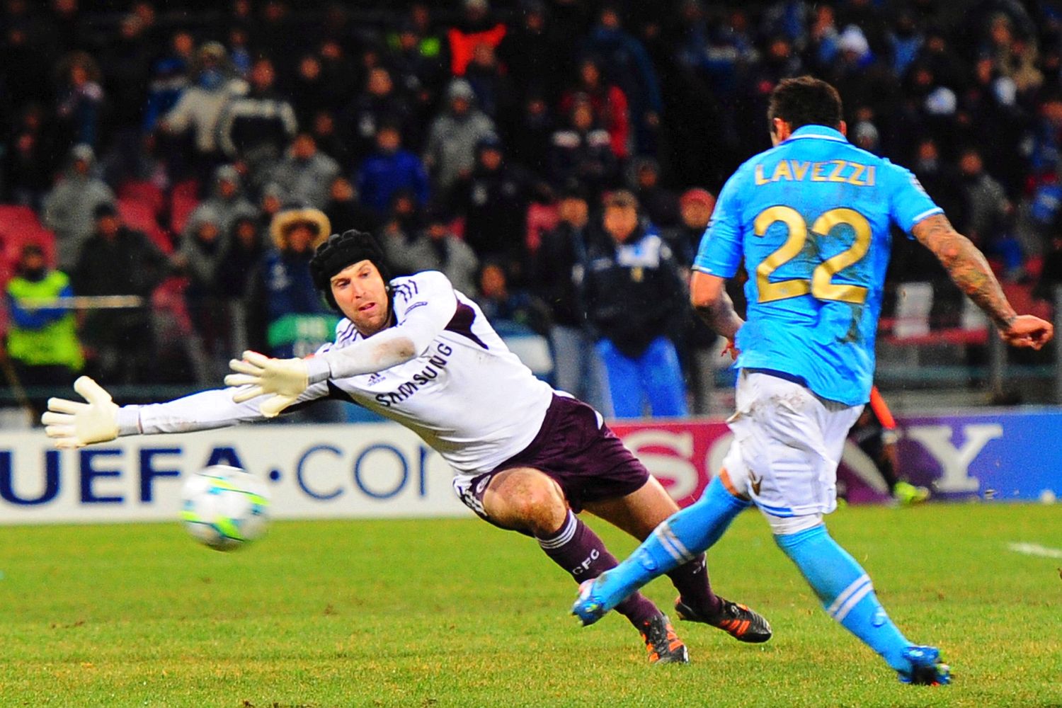 Ezequiel Lavezzi gives Napoli a 3-1 lead against Chelsea at the San Paolo