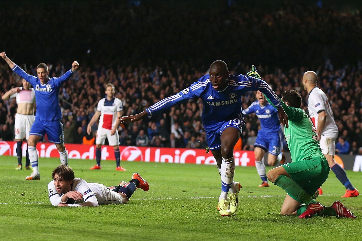 Demba Ba celebrates his 87th minute goal which sent Chelsea through against PSG