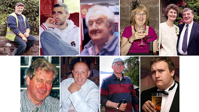 Composite of undated handout photos of 10 of the 12 victims killed when Derrick Bird went on a shooting spree. They are (top row left to right) David Bird, Darren Rewcastle, Kenneth Fishburn, Susan Hughes, Jennifer and James Jackson, (bottom row left to right) Isaac Dixon, Garry Purdham, Michael Pike and Jamie Clark. Bird unlawfully killed the 12 victims he shot dead before he committed suicide, an inquest jury ruled today.