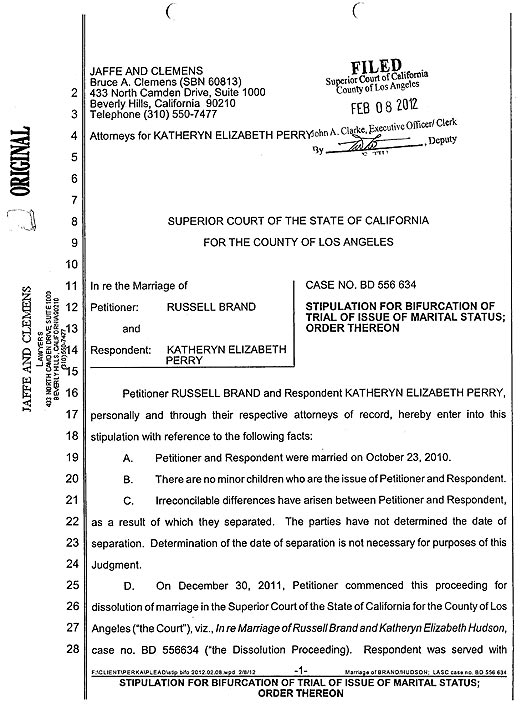 Katy and Russell divorce papers