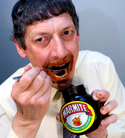 Pictured is St John Skelton the man who earns a living eating MARMITE. Eating spoonfuls of Marmite would be many peoples worst nightmare but for St John Skelton its his dream job.