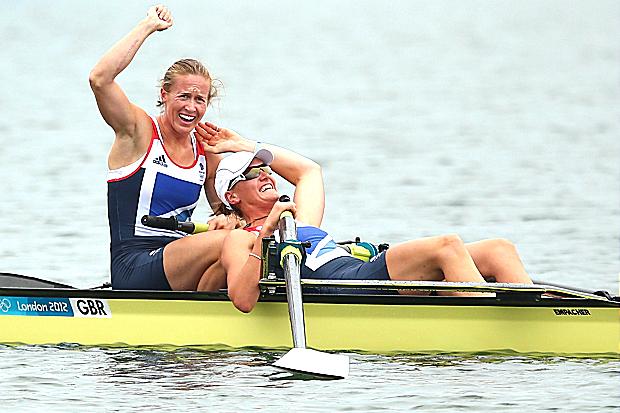 OARSOME ... Helen Glover (left) and Heather Stanning are overjoyed after crossing the line in first