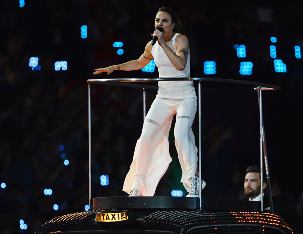 Spice Girls Melanie Chisholm performs at the Olympic stadium during the closing ceremony of the 2012 London Olympic Games in London