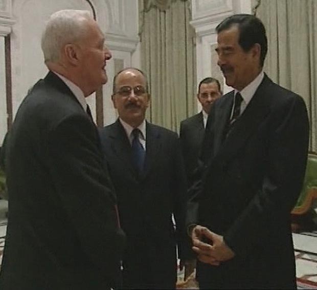 tony benn ex british mp meets the president of iraq sadam hussein in baghdad feburary 2003.images grabbed from channel 4 news 4