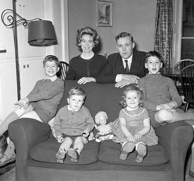 Tony Benn at his London home with his wife, Caroline, and four children-left to right- Hilary, 7, Joshua, 2, Melissa, 4, and Stephen, 9.T