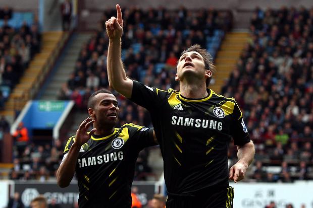 Lampard celebrates after breaking Chelsea's goal record against Aston Villa in May 2013