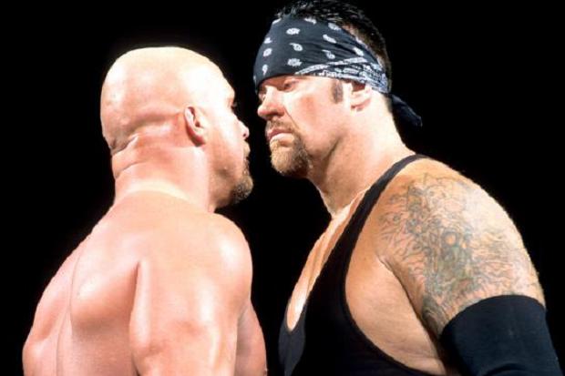  The Undertaker stares down ally-turned-rival Stone Cold Steve Austin during his 'American Bad Ass' phase at the turn of the millennium