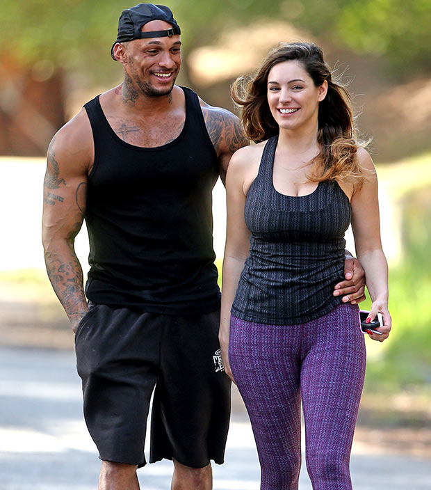 British model Kelly Brook and her boyfriend, former Gladiator, David McIntosh stop to share several smooches while on a hike at the Hollywood Reservoir.