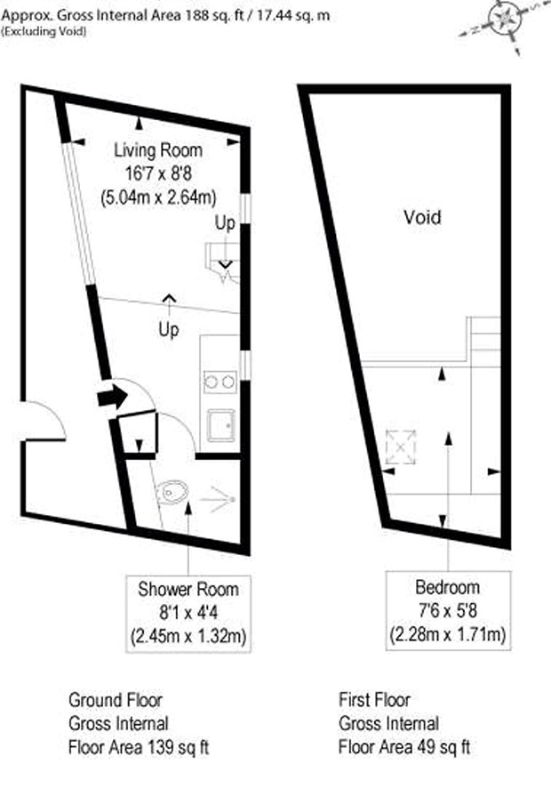 The floorplan of Britain's smallest home. _See SWNS story SWSMALL; Britains smallest home, which is half the size of a train carriage and had a £275,000 price-tag, has sold after the advert went viral. The converted flower shop, in Islington, North London, has just 188 sq/ft of space and is a fifth of the size of the average new build. It features a bed on a mezzanine, a tiny bathroom