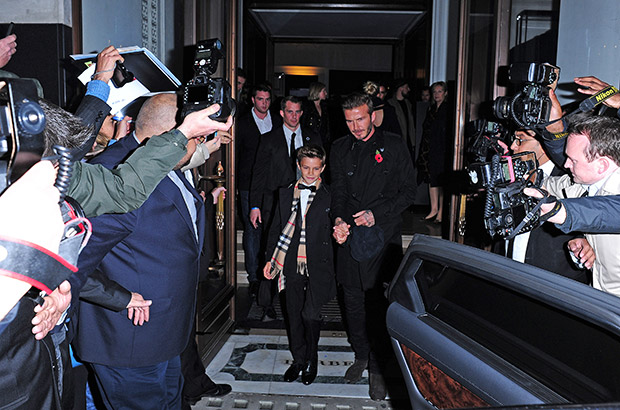 3 Nov 2014 - LONDON - UK DAVID , VICTORIA AND ROMEO BECKHAM ARE POTTED DEPARTING THE BURBERRY STORE TONIGH