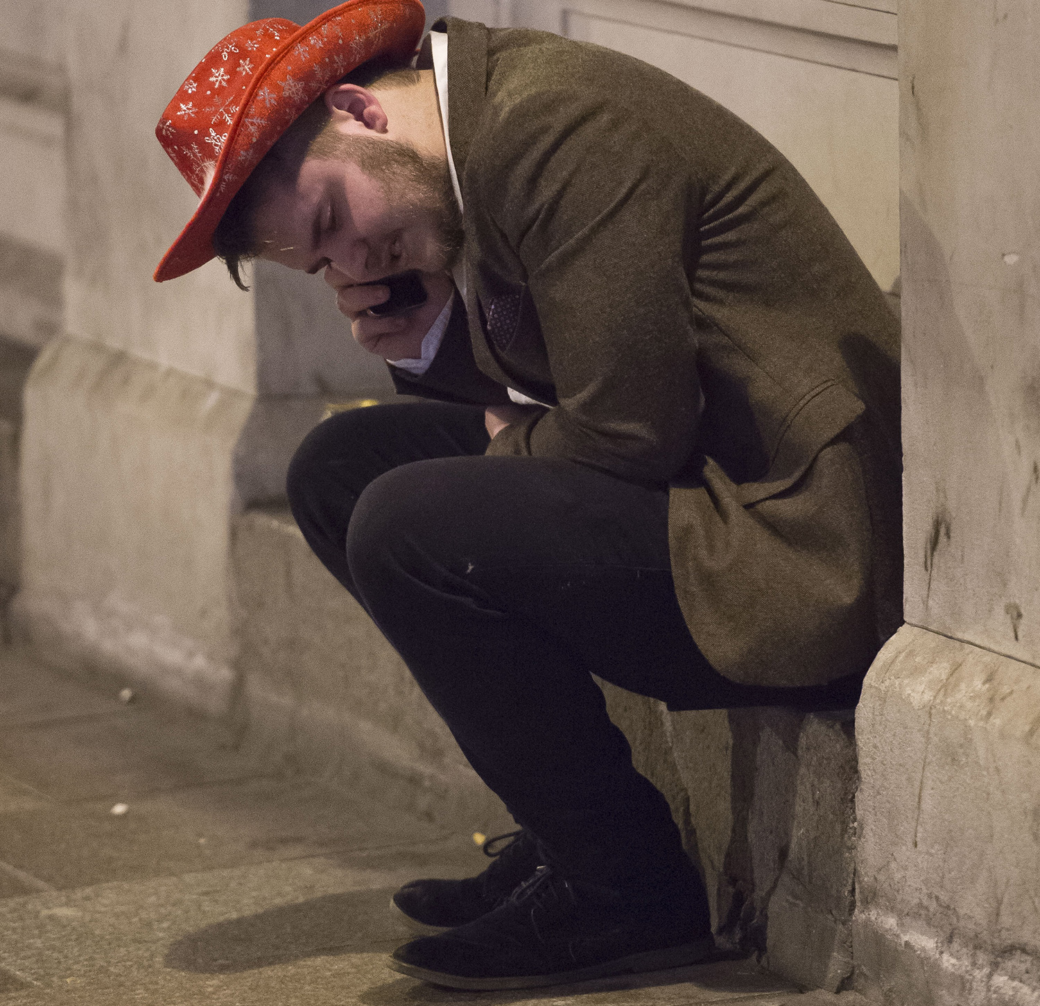 Revellers out in Cardiff City centre, South Wales, on Black Friday. Black Friday, also known as Mad Friday, is traditionally one of the busiest nights of the year for pubs and clubs. Picture shows a man on St. Mary&apos;s Street.