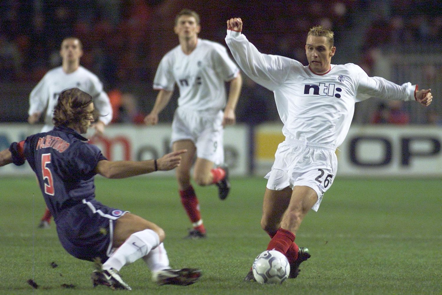 The tough-tackling Pochettino in action against Rangers