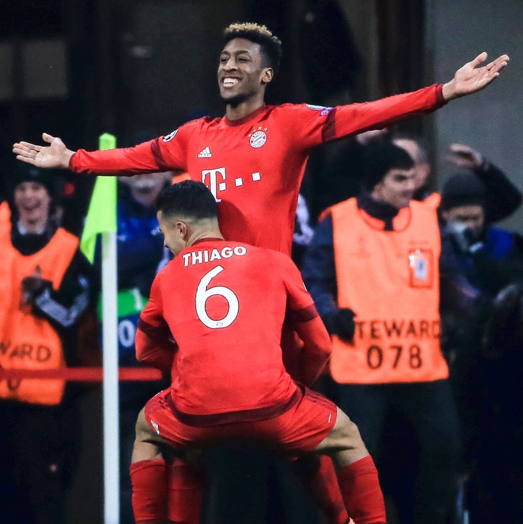  Kingsley Coman celebrates his clincher against Juventus with Bayern team-mate, Thiago