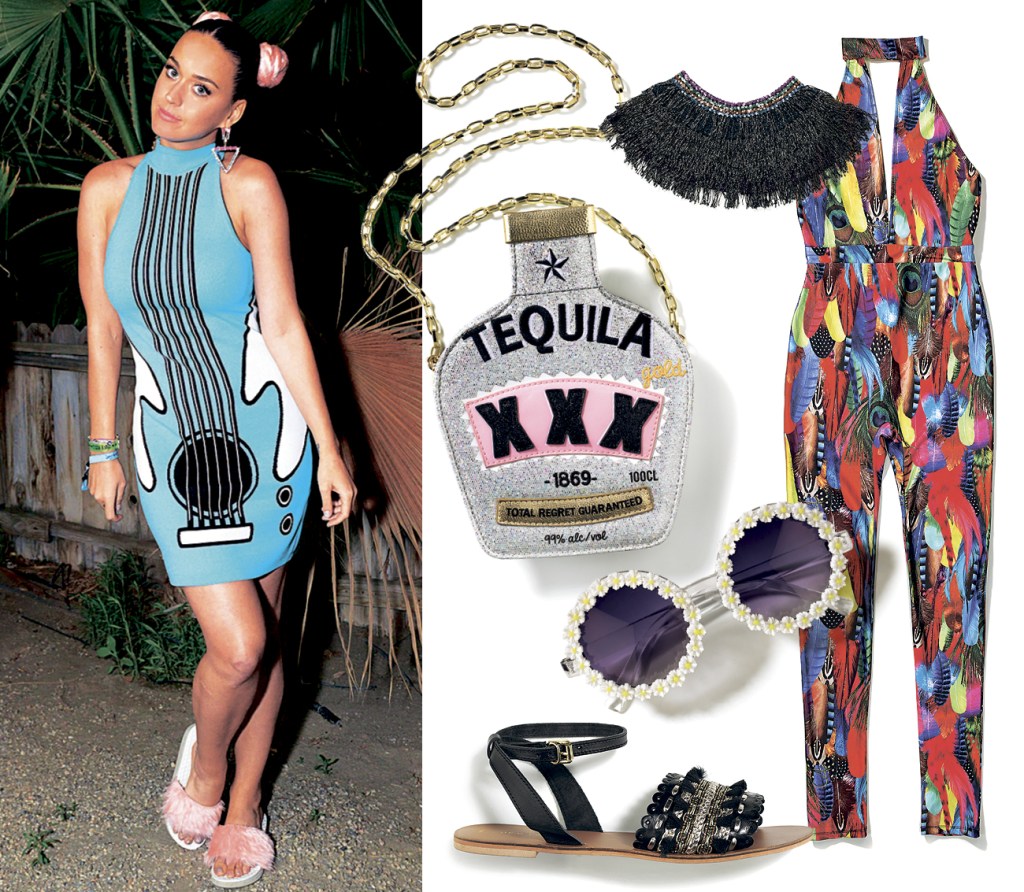  Bag, £28, Skinnydip; collar, £12, Asos.com; jumpsuit, £48, Jaded London; sunglasses, £10, Claire’s; sandals, £24.99, New Look