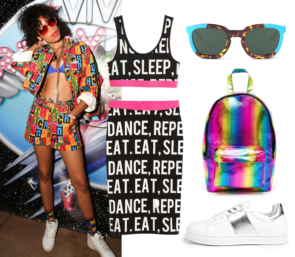  Top, £6.99, skirt, £12.99, both H & M; backpack, £18, Asos.com; sunglasses, £55, Mr Boho; trainers, £15, Boohoo