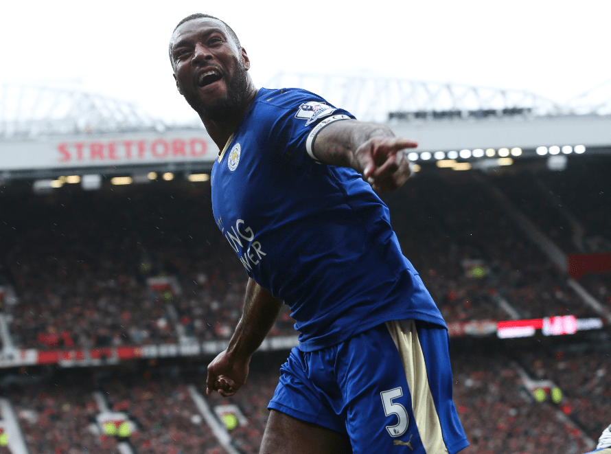 Wes Morgan celebrates his goal at Old Trafford on Sunday