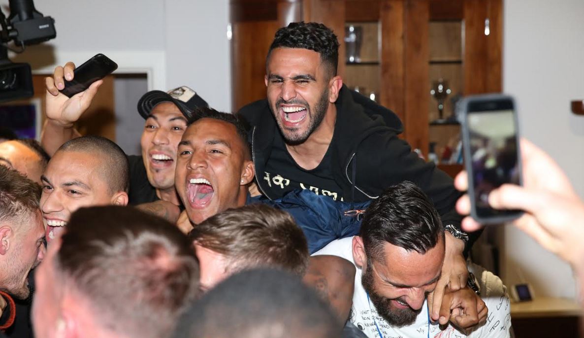 Riyad Mahrez enjoys the celebrations at Jamie Vardy's party