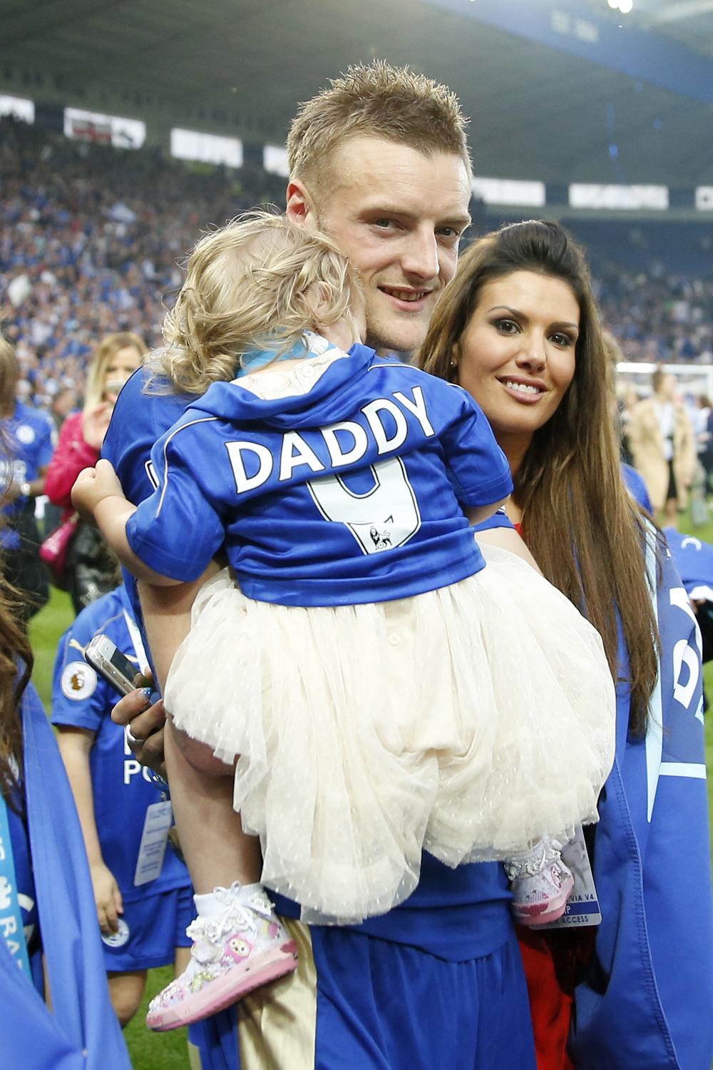 Jamie Vardy with partner Rebekah and their daughter celebrate Leicester's Premier League victory