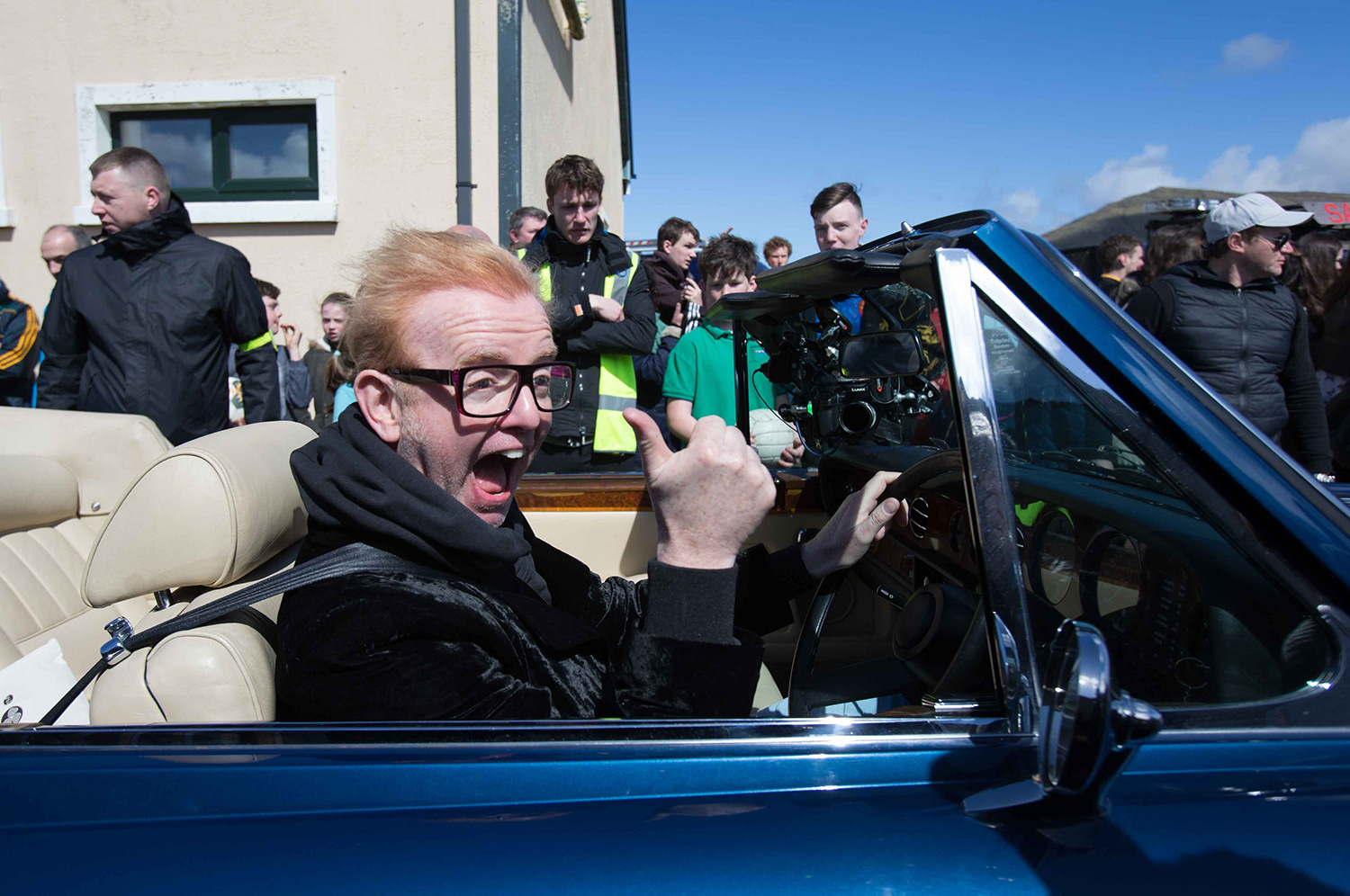 hris Evans April 16, 2016 Co-hosts Chris Evans and Matt Le Blanc seen filming scenes for 'Top Gear' at a football pitch in Dingle in County Kerry, Ireland.