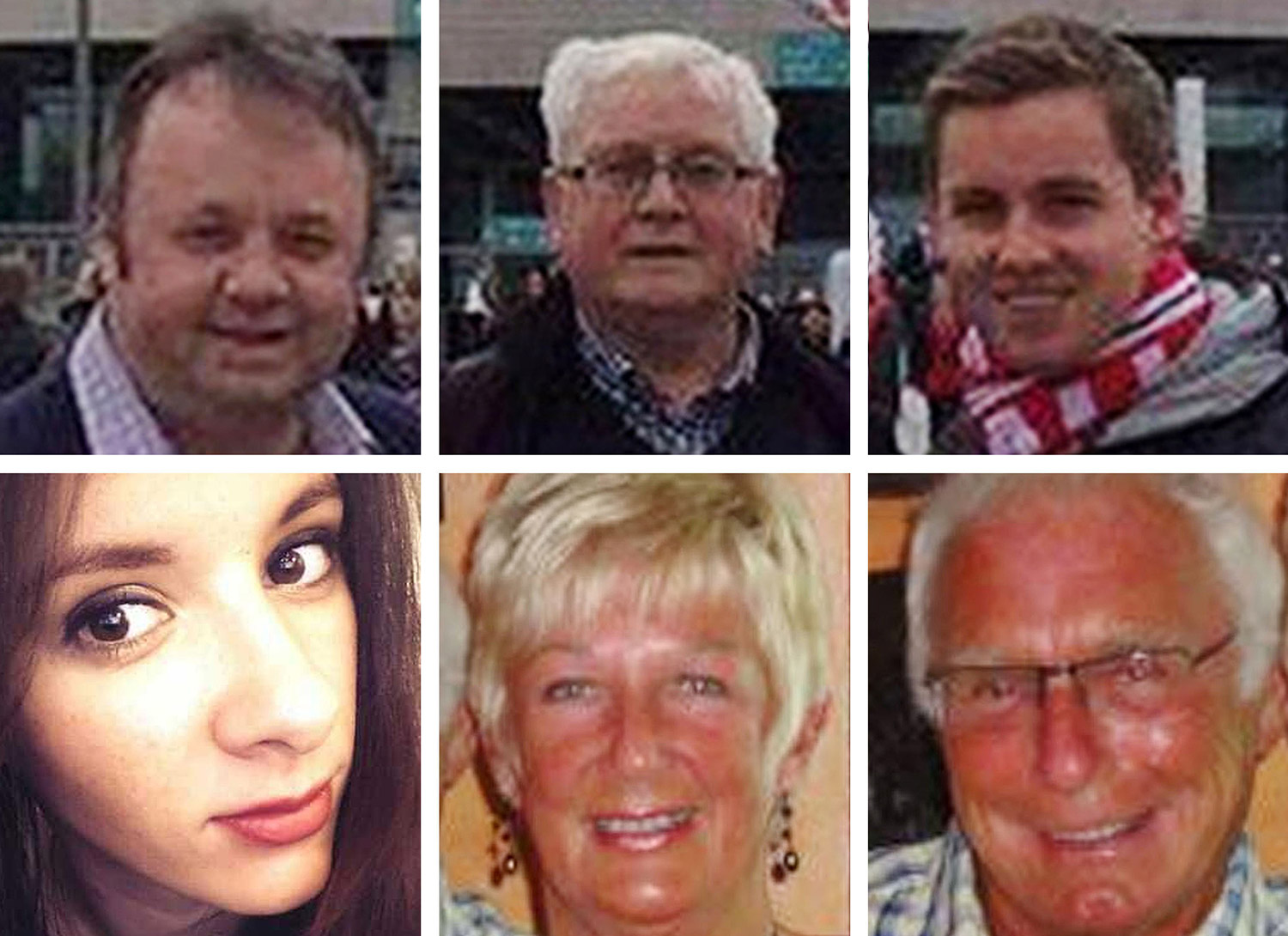 BEST QUALITY AVAILABLE Composite of handout photographs of six of the British victims of the Tunisia beach massacre who are being returned to the UK. Top row from left, Adrian Evans, Patrick Evans and Joel Richards. Bottom row from left, Carly Lovett, Elaine and Denis Thwaites.