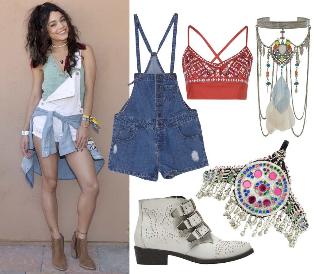  Top, £23, Glamorous; dungarees, £29.99, Tezenis; headpiece, £42, Rock N Rose; cuff, £9.99, New Look; boots, £62, Office