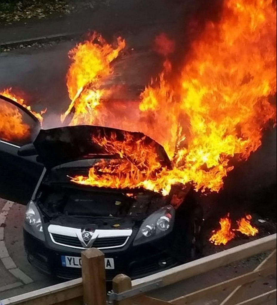  Inferno . . . woman rescued her ten-month-old baby from this car seconds before it was destroyed