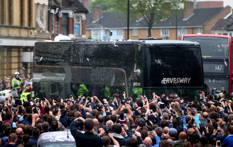  Manchester United's team bus was smashed by West Ham supporters in May