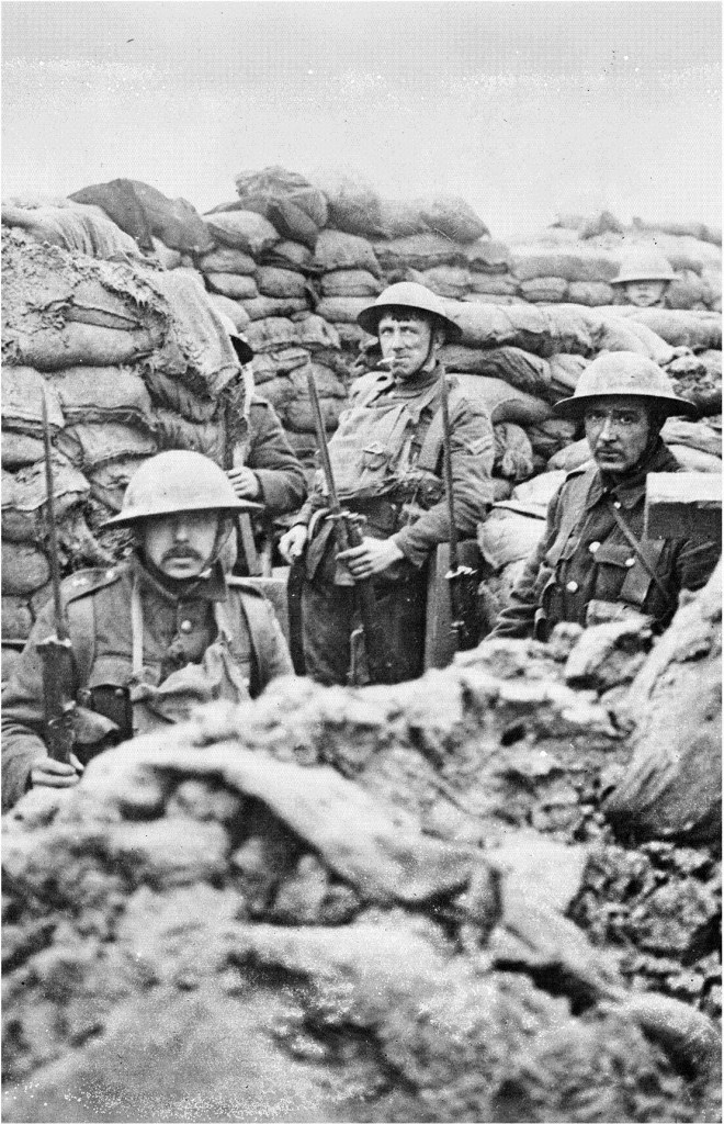  British troops in a front line trench at a corner of Ploegsteert Wood, in northern France, during WWI