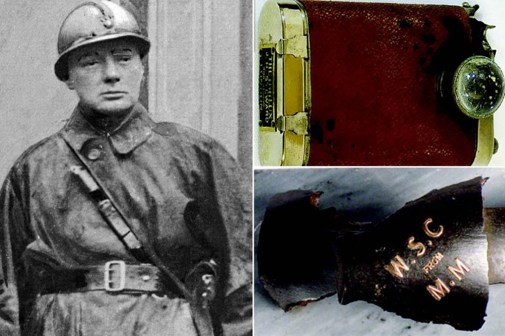  Former Prime Minister Winston Churchill in uniform at the front near Ypres in northern France, his whiskey hip flask (top right), and a piece of shrapnel that narrowly missed him