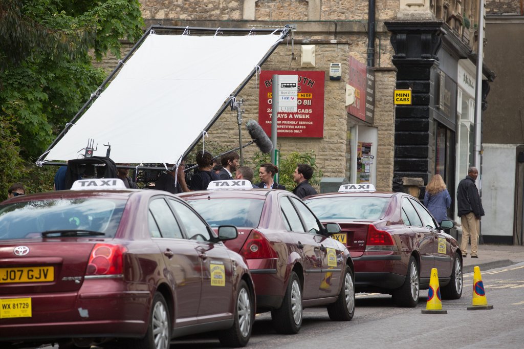  The actors were filming on a closed off road made to look like a taxi rank