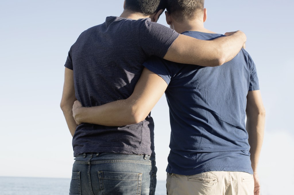 Male couple with arms around each other at coast