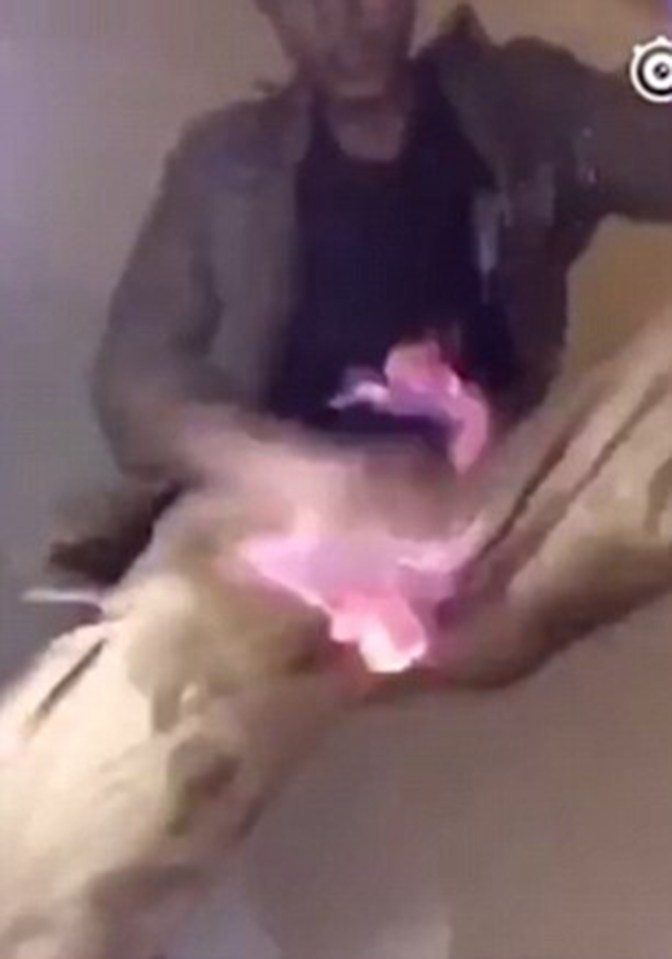  The man's trousers instantly catch fire and set the area between his legs ablaze