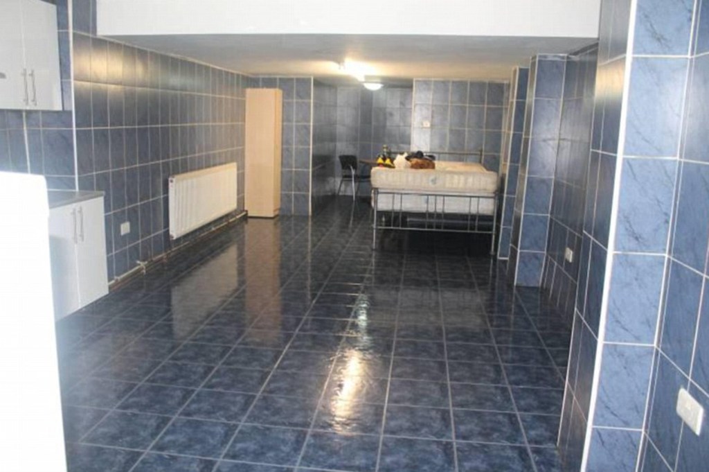 A basement apartment in London, bizarrely decorated in dark blue slabs, has been likened to 'living in a swimming pool' by estate agents