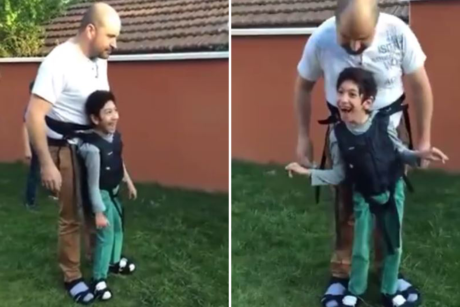  The harness straps the boy to his father, allowing him to walk