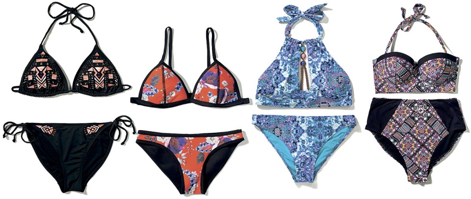  From left to right: Bikini, £12, Primark; Bikini, £18, Boohoo; Bikini, £35, Rochelle Humes at Very; Bikini top, £10, bottoms, £6, both George at Asda