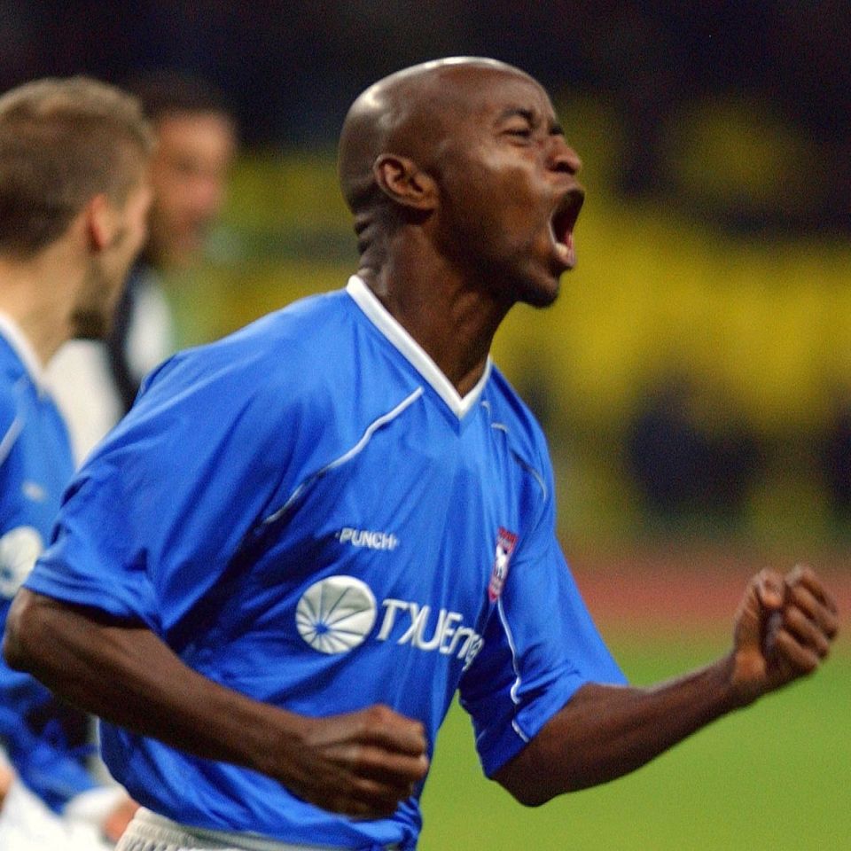  Finidi George celebrates goalfor Ipswich in the Uefa Cup against Torpedo Moscow