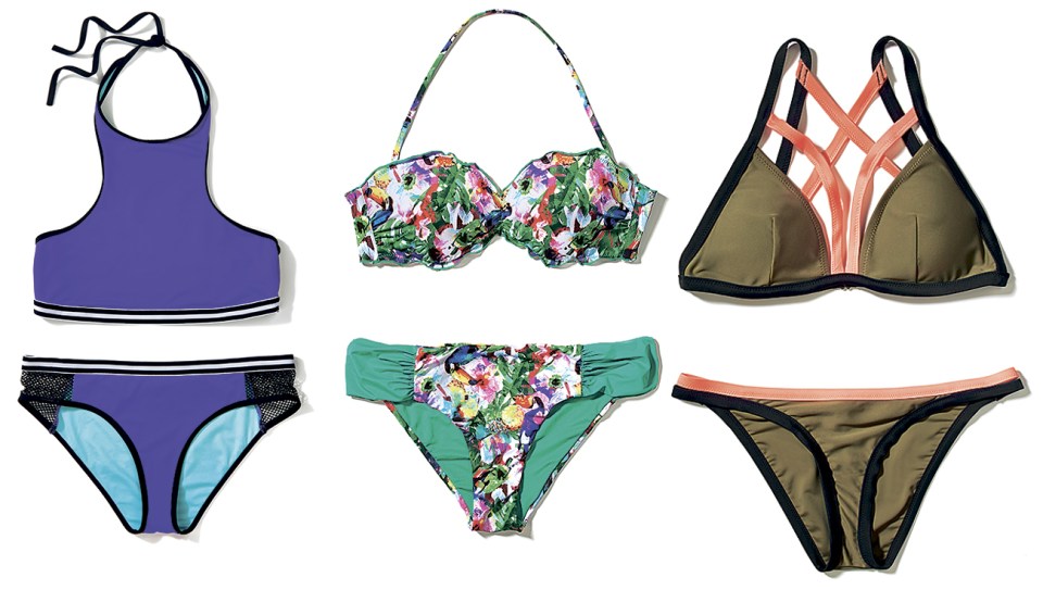  Left: Top, £16, bottoms, £12, both Topshop; Middle: top, £12.99, bottoms, £9.99, both Tezenis; Right: Bikini, £24.99, Inthestyle.com